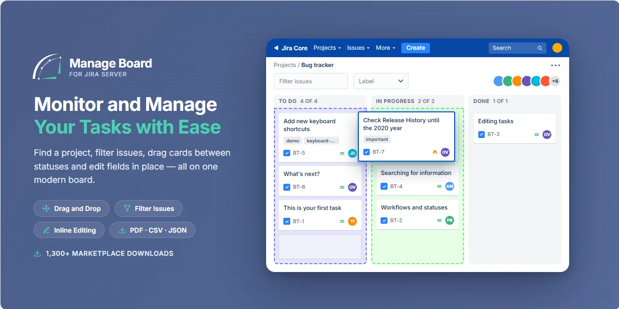 The Manage Board banner: the app wordmark and feature pills on a dark panel, beside a mocked Jira Server board whose To Do, In Progress and Done columns hold issue cards, with one card lifted mid-drag over the highlighted drop targets.
