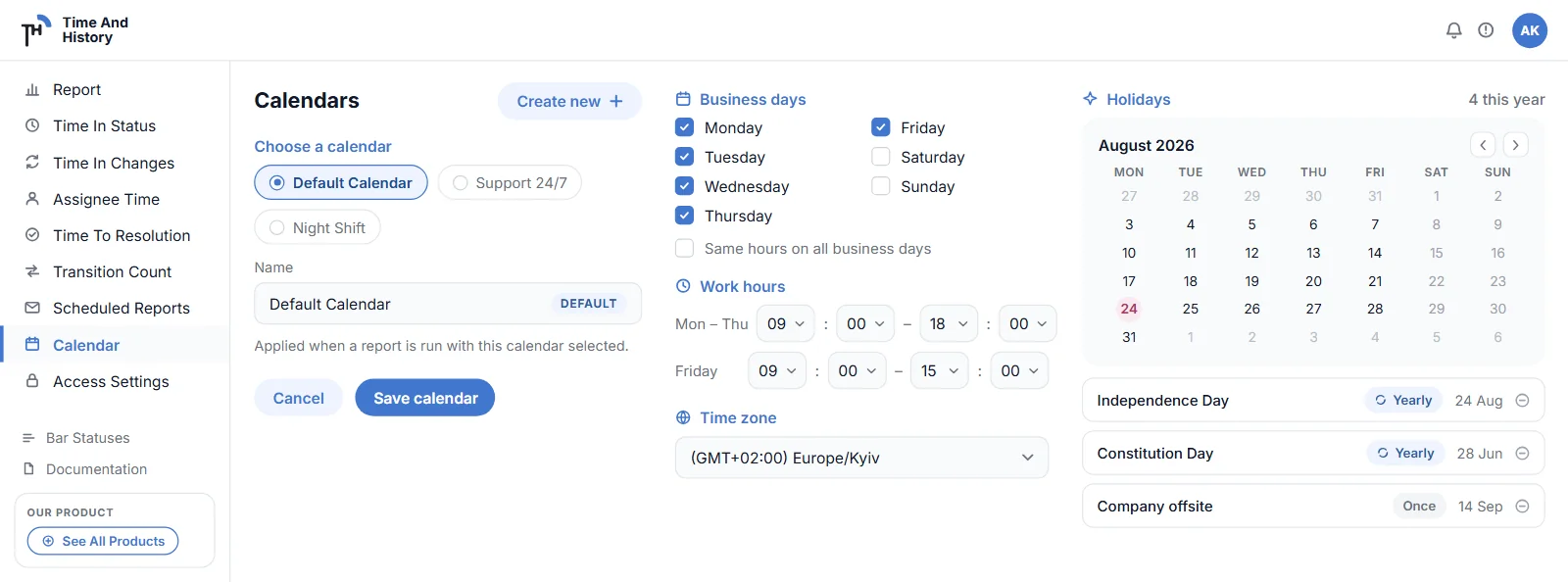 The work calendar behind every duration in a Jira change history: business days, working hours, a time zone and holidays, the settings that turn 65 wall-clock hours over a weekend into 2h 40m of working time
