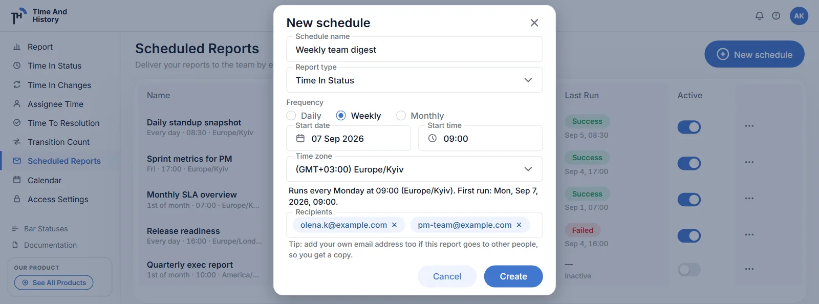 Scheduled Reports list with the new-schedule editor open: report type, frequency, start time, time zone and recipients.