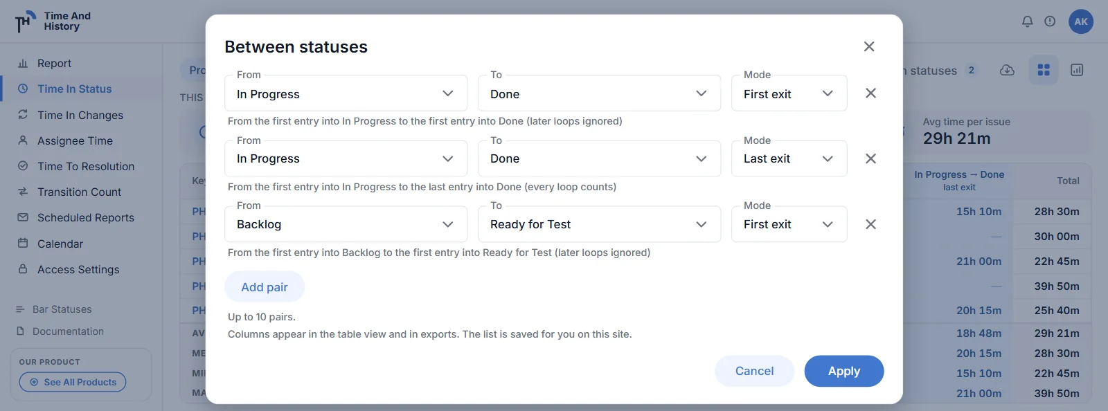 Setting up a Jira time between two statuses column: the Between statuses dialog over the Time in Status report with In Progress → Done on first exit, the same pair on last exit, and Backlog → Ready for Test below, ready to apply