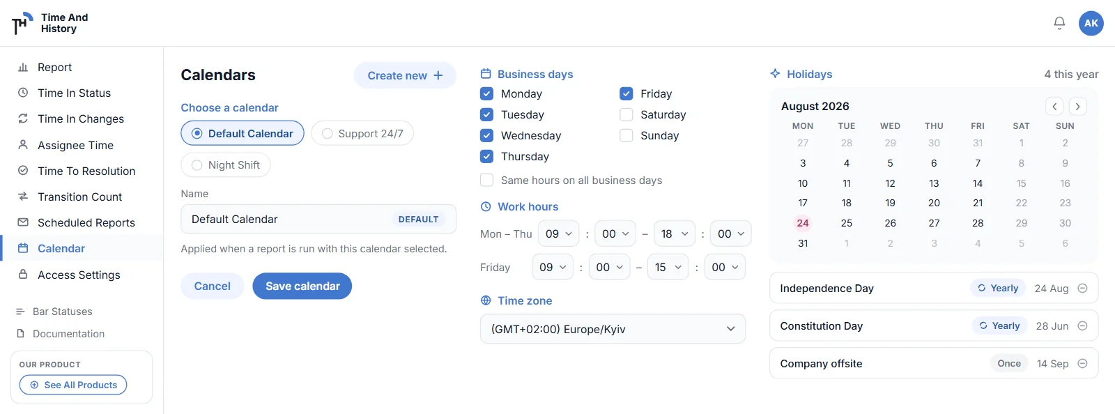 Calendar settings: calendar picker, name and time zone, business days, work hours, and a holidays calendar with a yearly holiday list.