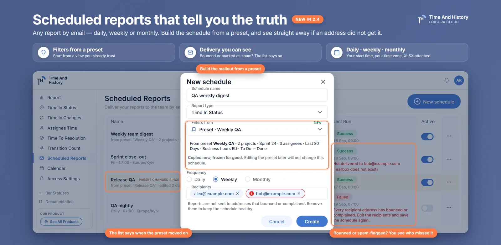 Scheduled Reports with a preset-based editor, a Preset changed since badge and a Not delivered sub-line under a run