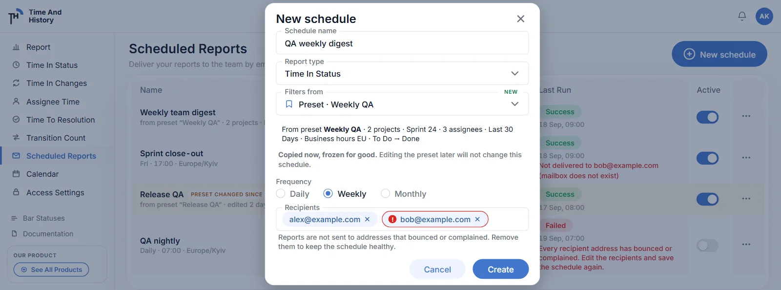 Scheduled reports built from a preset: provenance sub-lines and a Preset changed since badge on a drifted row
