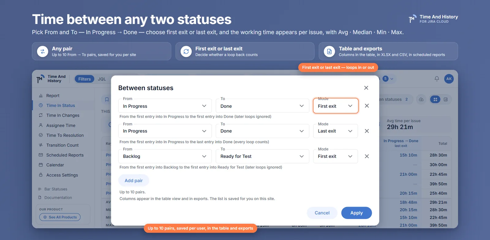 The Between statuses modal over the Time in Status table: three From → To rows, each with a first-exit or last-exit mode.