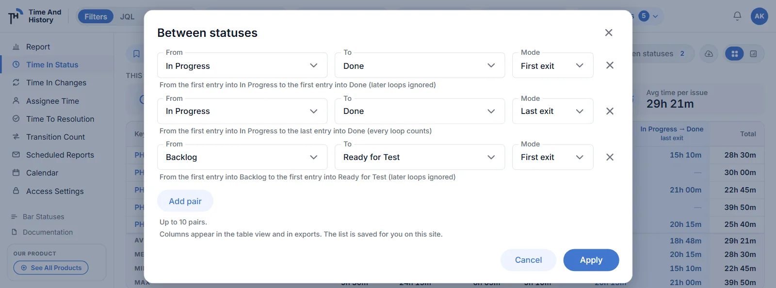 The Between statuses modal over the Time in Status table: three From → To rows, each with a first-exit or last-exit mode.