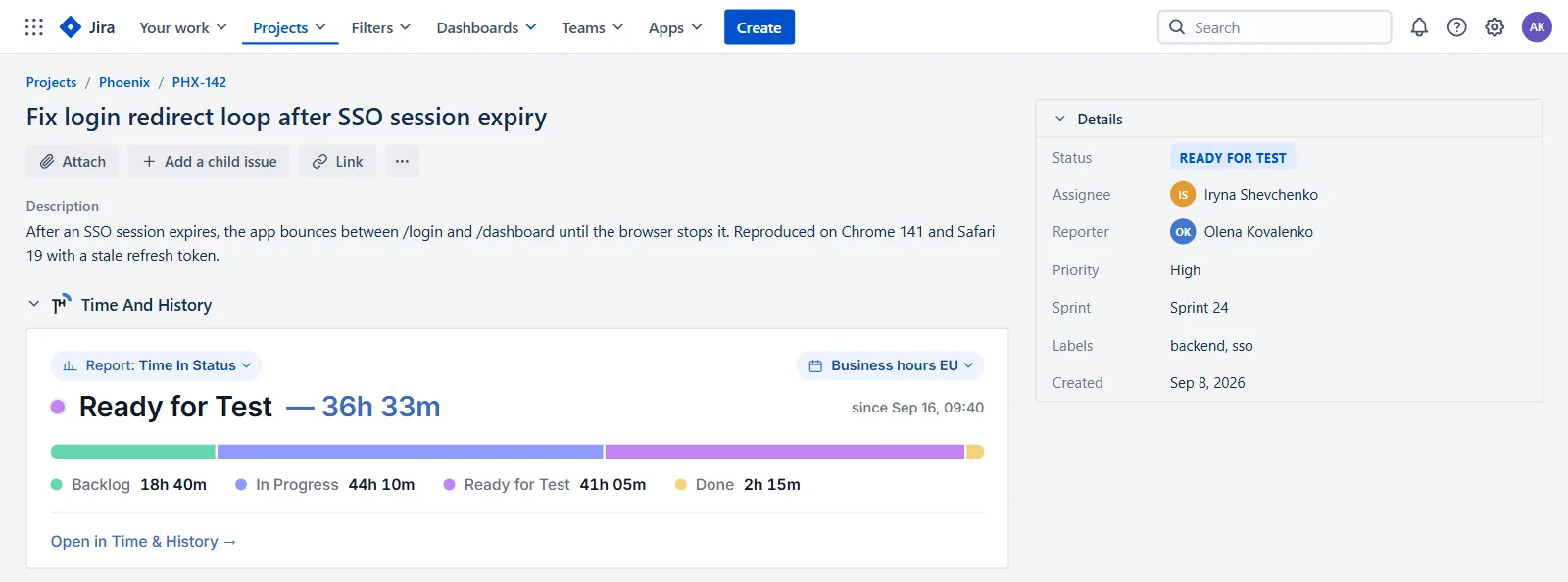 Time in status on a Jira issue: the panel with the current status, its open time, a status bar and a per-status legend