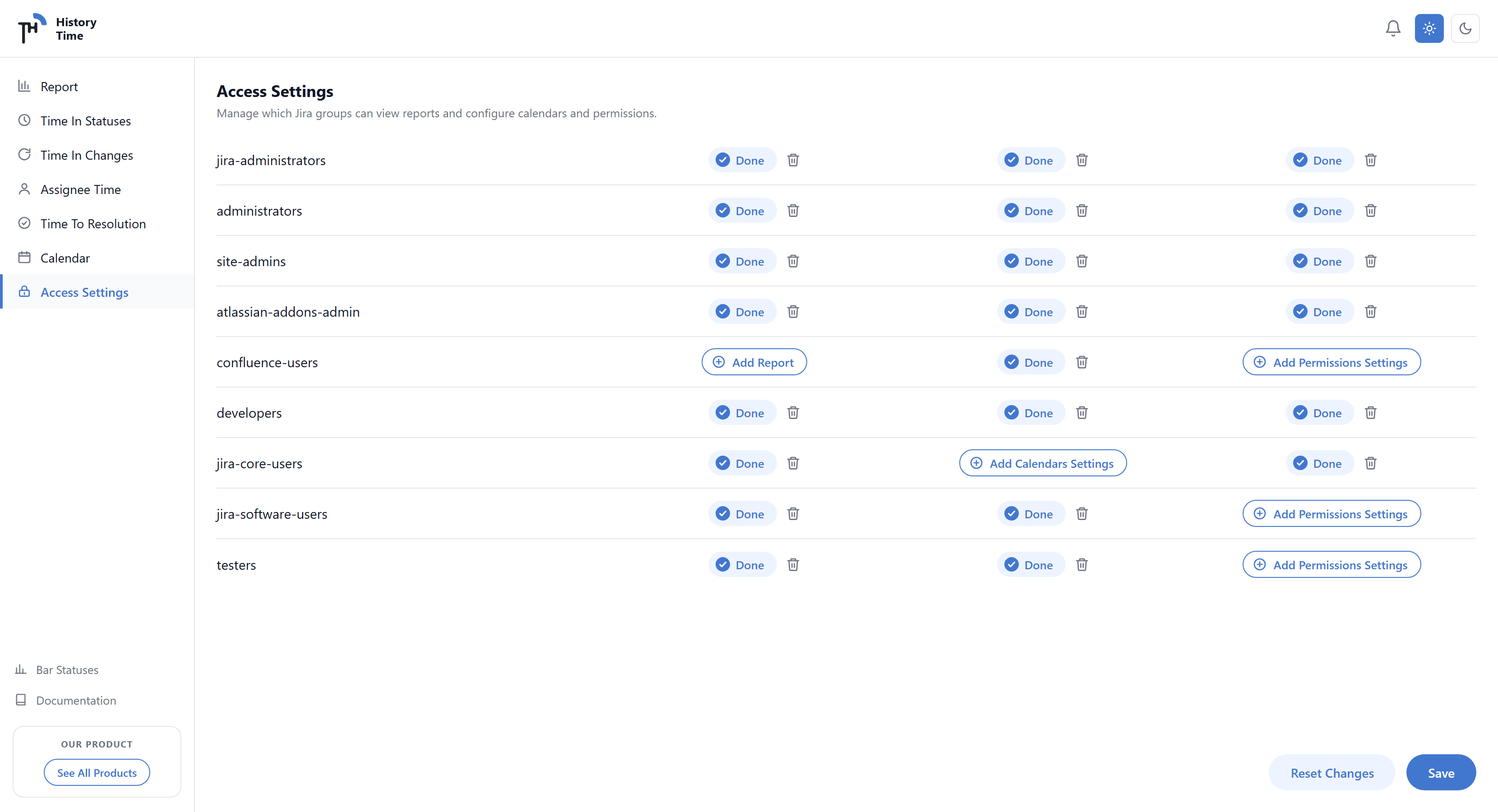 Access Settings page managing which Jira groups can view reports, calendars and permissions
