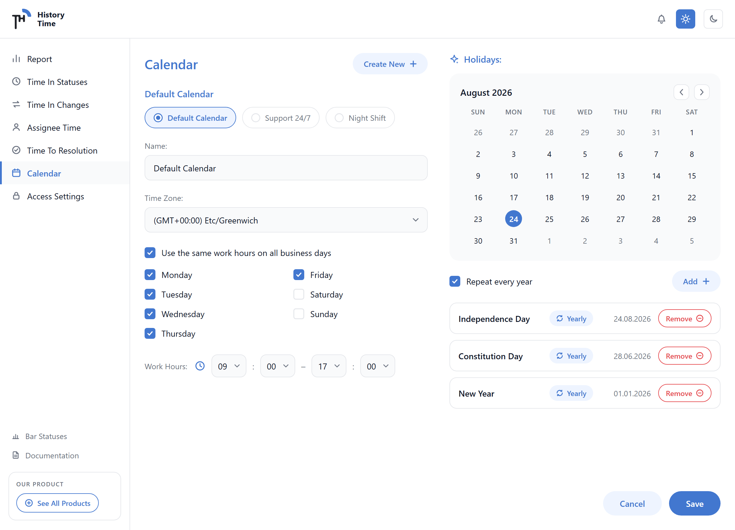 Calendar settings with business days, work hours, time zone and yearly holidays